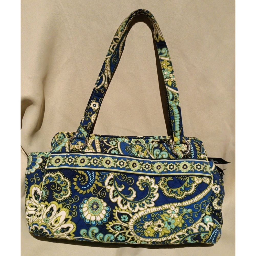 RARE! Vera Bradley Rhythm and Blues/Green Paisley Quilted Handbag, 3 Zip